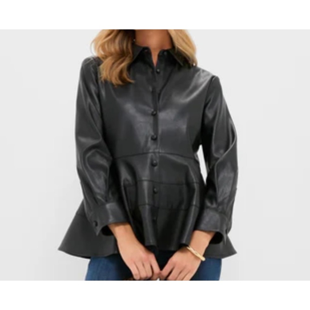 NWT Pomander Place Womens Vegan Leather Ashlen Blouse Medium‎ Tiered Hem Black